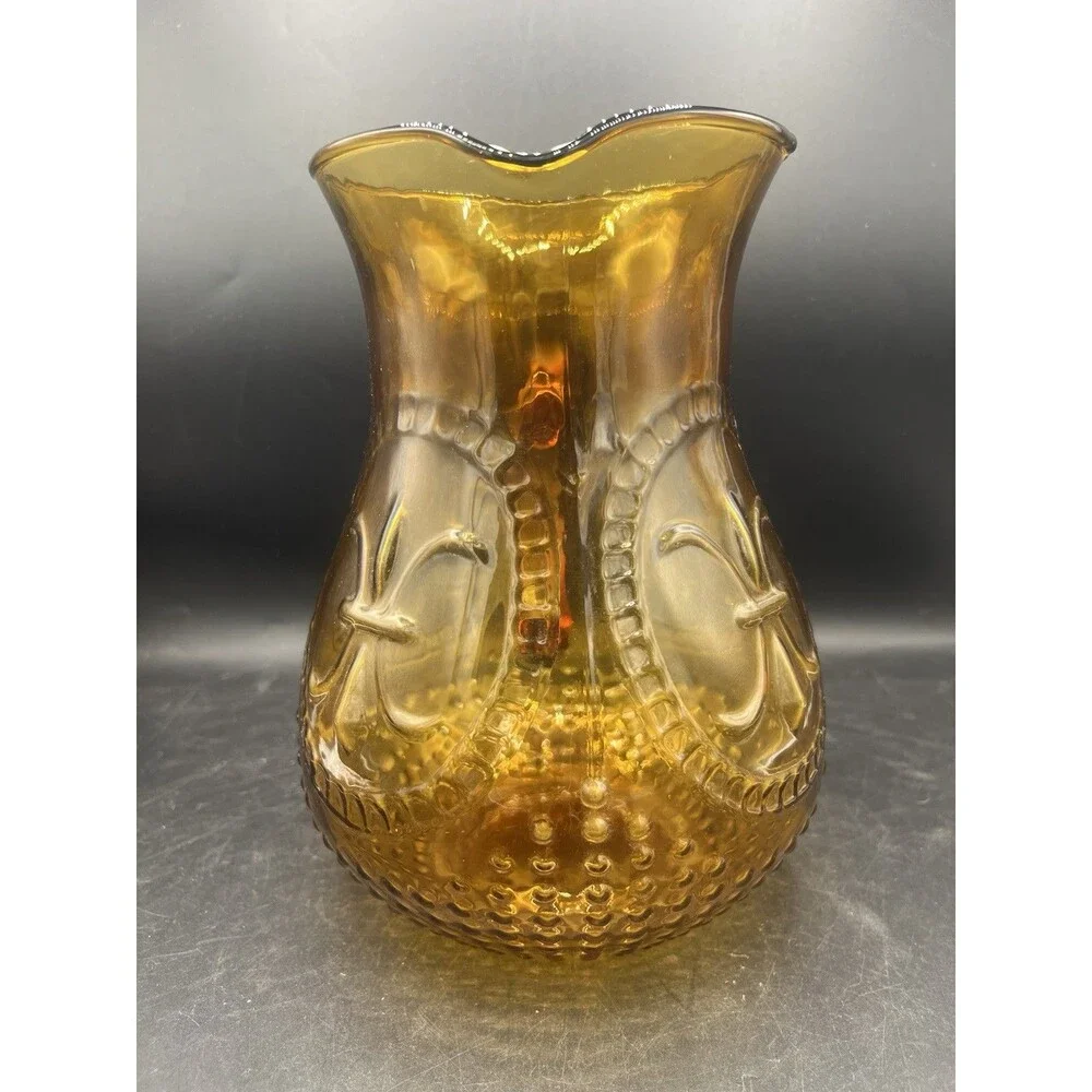 Vintage Zrike Renaissance Amber Glass Pitcher 90 oz 9.5” Embossed Glass